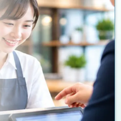 店舗スタッフにタブレットの操作を説明する様子